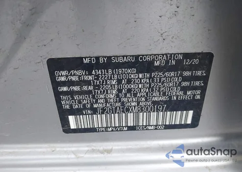 2021 Subaru Crosstrek Premium из США, поврежденный, VIN JF2GTAECXM8300197